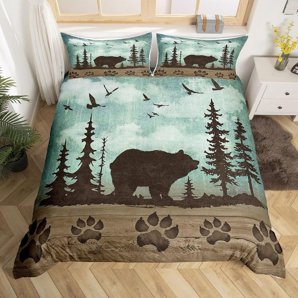 Пододеяльник с изображением медведя King Nature Smoky Mountain Комплект постельного белья Черно-серый Покрытие для одеяла с изображением деревьев Полиэстер Покрытие для одеяла с 2 наволочками