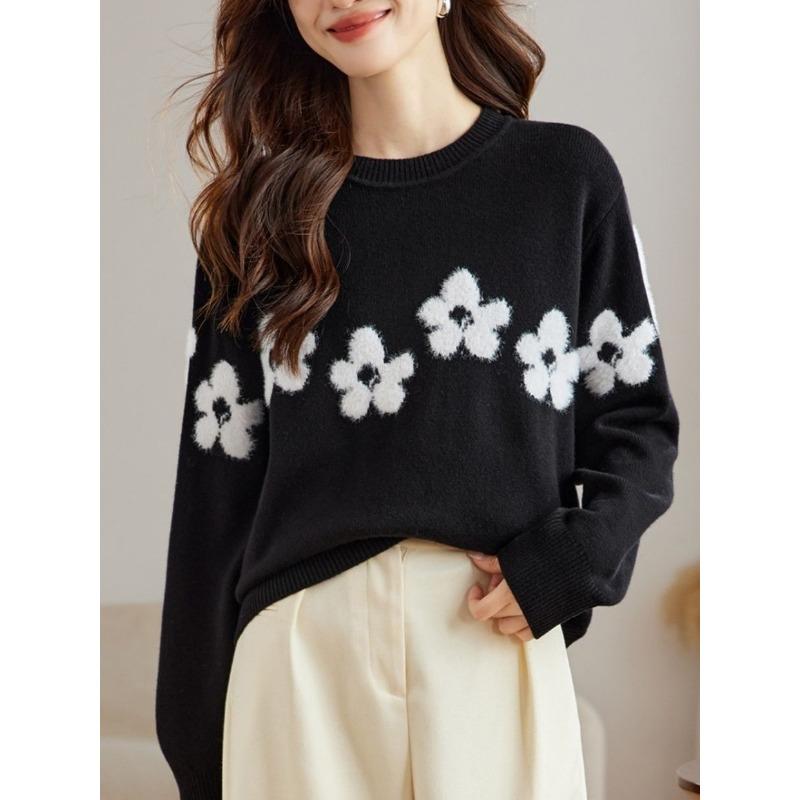 Autumn New French Jacquard Design Versatile Slim Round Neck Knitted Sweater