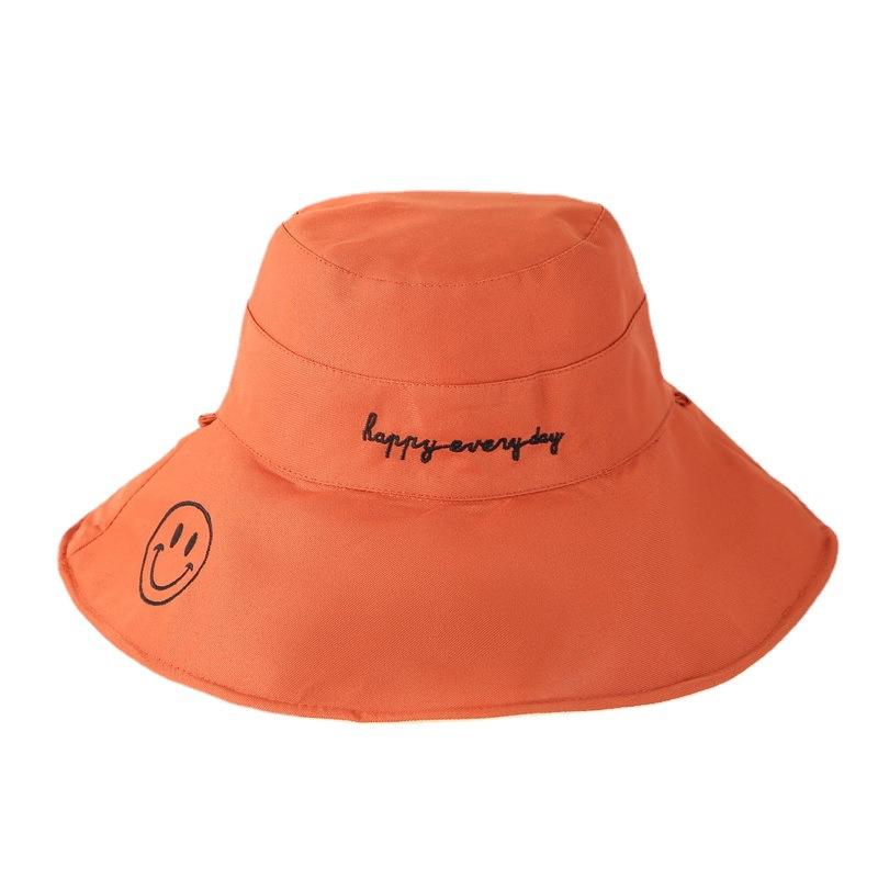 Polyester-cotton Large Brim Fisherman Hat for Women, Spring, Summer and Autumn, Sun Protection Visor, Double-sided Embroidered Smiley Basin Hat