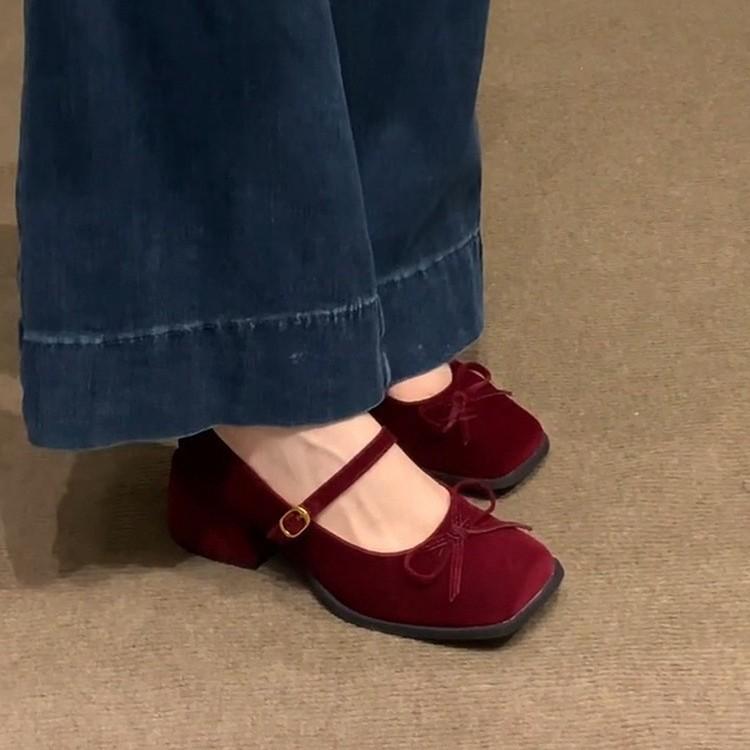 Французские ретро туфли Мэри Джейн на толстом каблуке женские весенние и осенние туфли с бантом бордового цвета на высоком каблуке