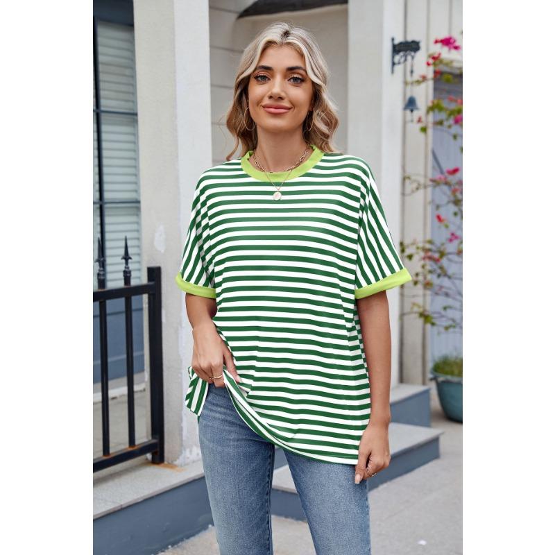 Женская летняя новая полосатая футболка с круглым вырезом и коротким рукавом в стиле Clash Color