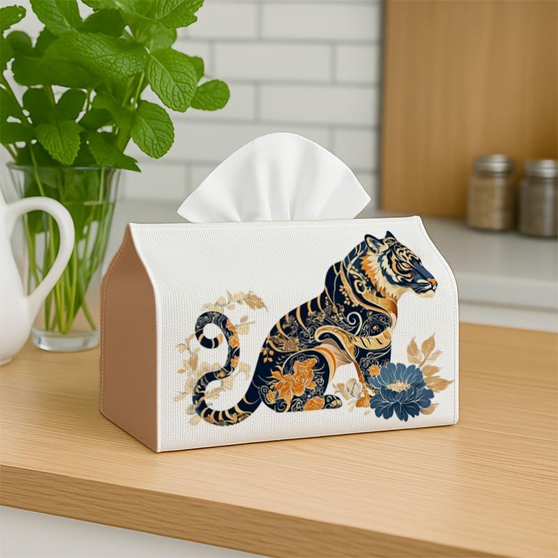 1pc Oriental Ornamental Classic Tissue Box - Tiger Floral Golden, Office, Parties, for Living Room, Kitchen, Events - Decorative Desk Decor, Home Org