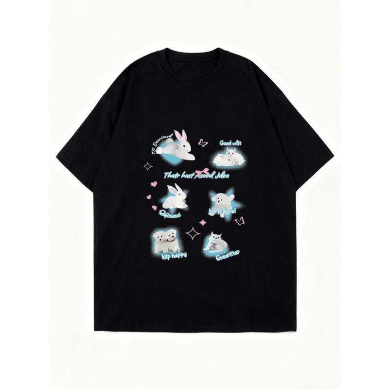 Футболка оверсайз черная с милым принтом кролика и кошки и фразами для повседневной носки