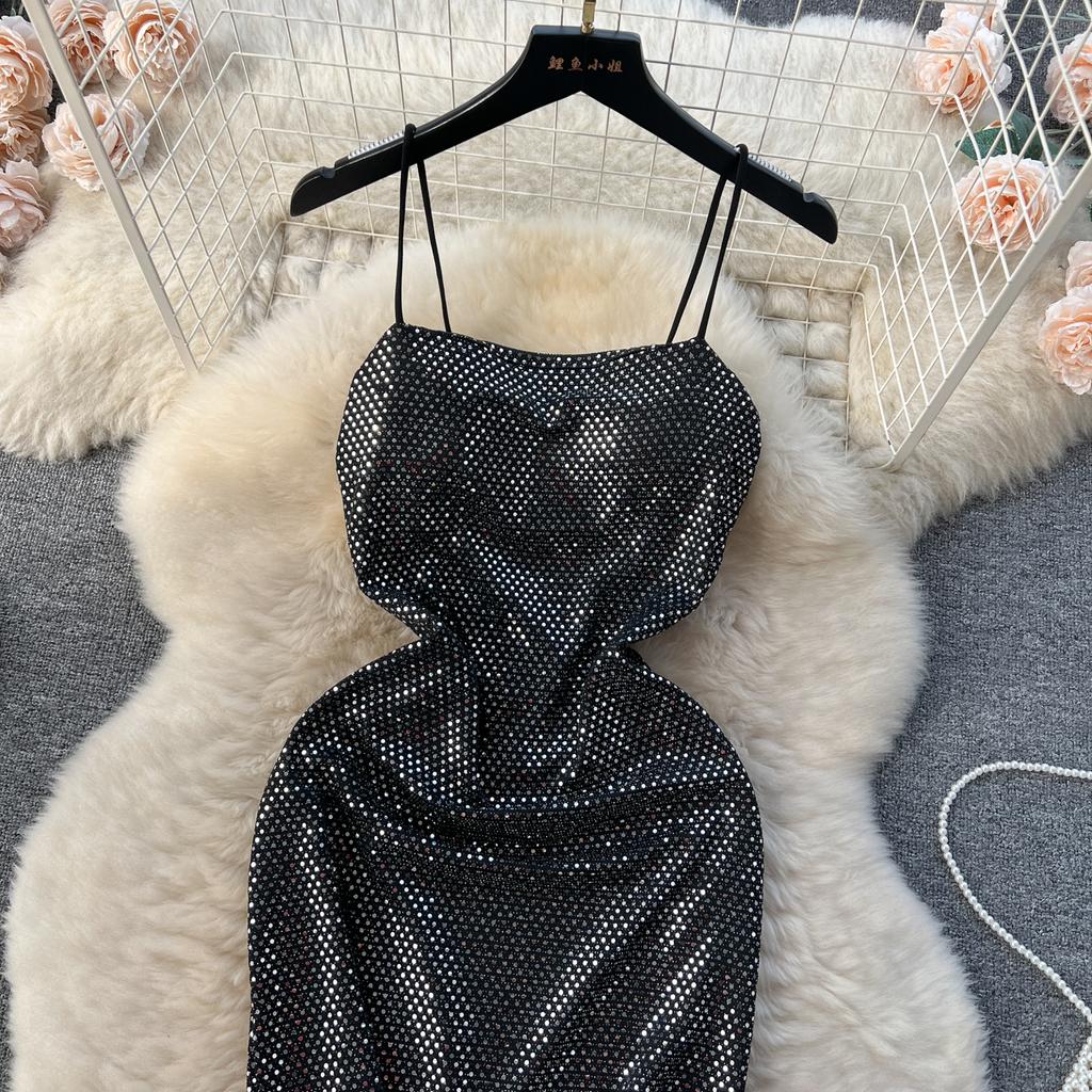 Dress for Women Spaghetti Strap Shinning Exposed Shoulders Falda Sexy Mujer Solid Color Wrapped Vestidos Summer Dropshipping