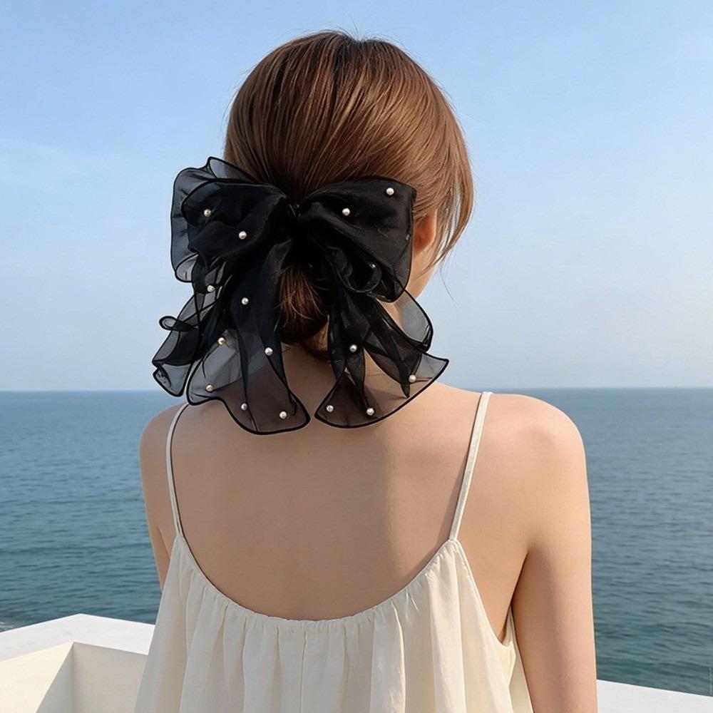 Pearl Decor Bow Hair Clip Sweet Ponytail Holder Fairy Style Sheer Organza Spring Clip Party