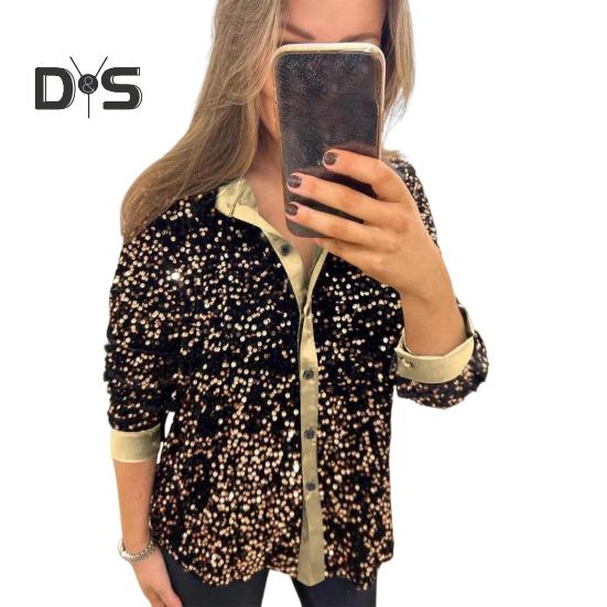 Women Sparkling Shirt Lapel Long Sleeve Single Breasted Shirt Tops Shiny Sequins Embellished Party Stage Blouse