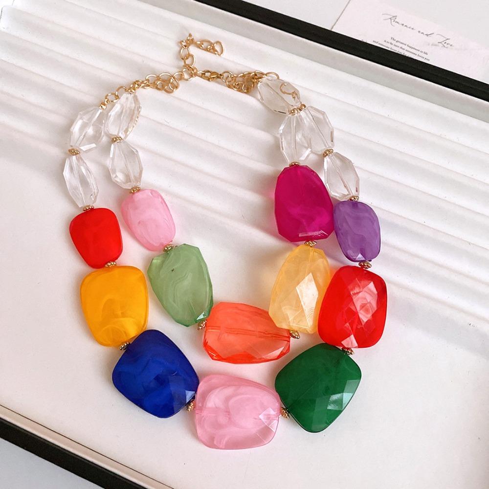 Irregular Acrylic Beaded Double-layer Necklace Exaggerated Fashion Jewelry Beaded Necklace Dopamine Color Clavicle Chain Gift