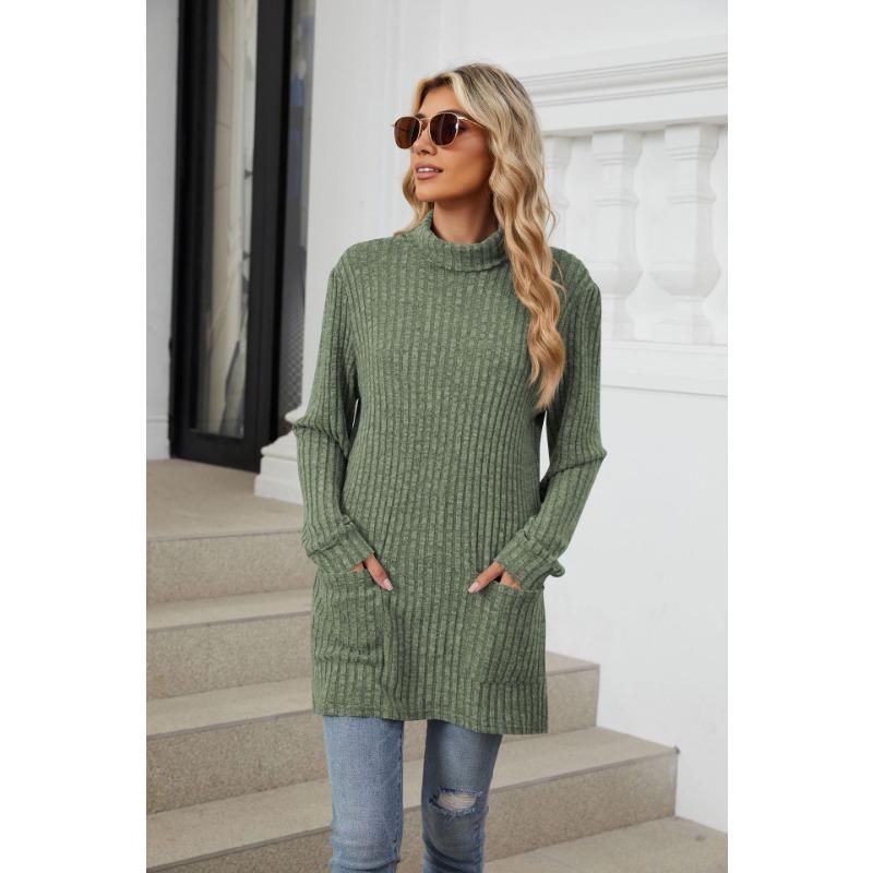 Autumn and Winter Women's Blouse Solid Colour Half-high Neck Long Sleeve Loose Pocket Tops