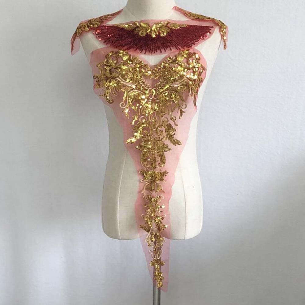 1 комплект золотых аппликаций с пайетками, красная синяя вышитая кружевная ткань, свадебные нашивки для украшения платья своими руками