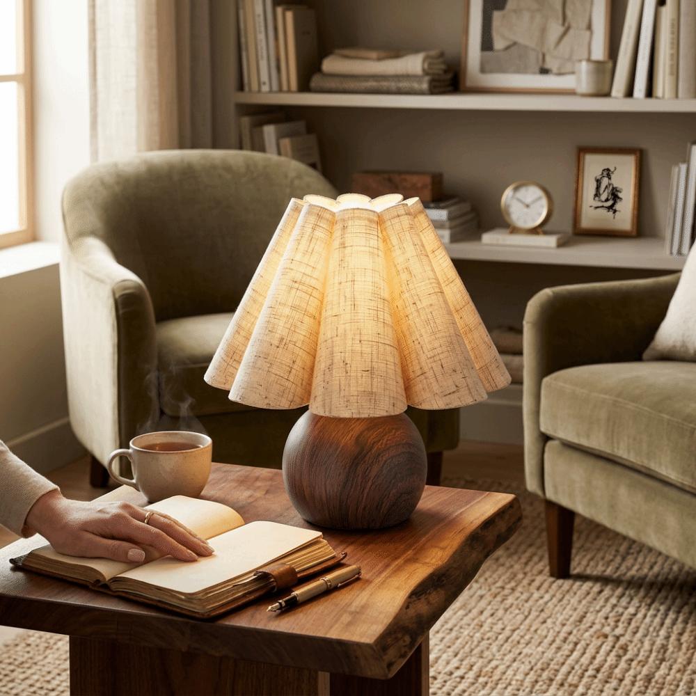 Brass Gold Table Lamp Walnut Wood Grain Night Light Shelves Ambient Night Light  Living Room Decor