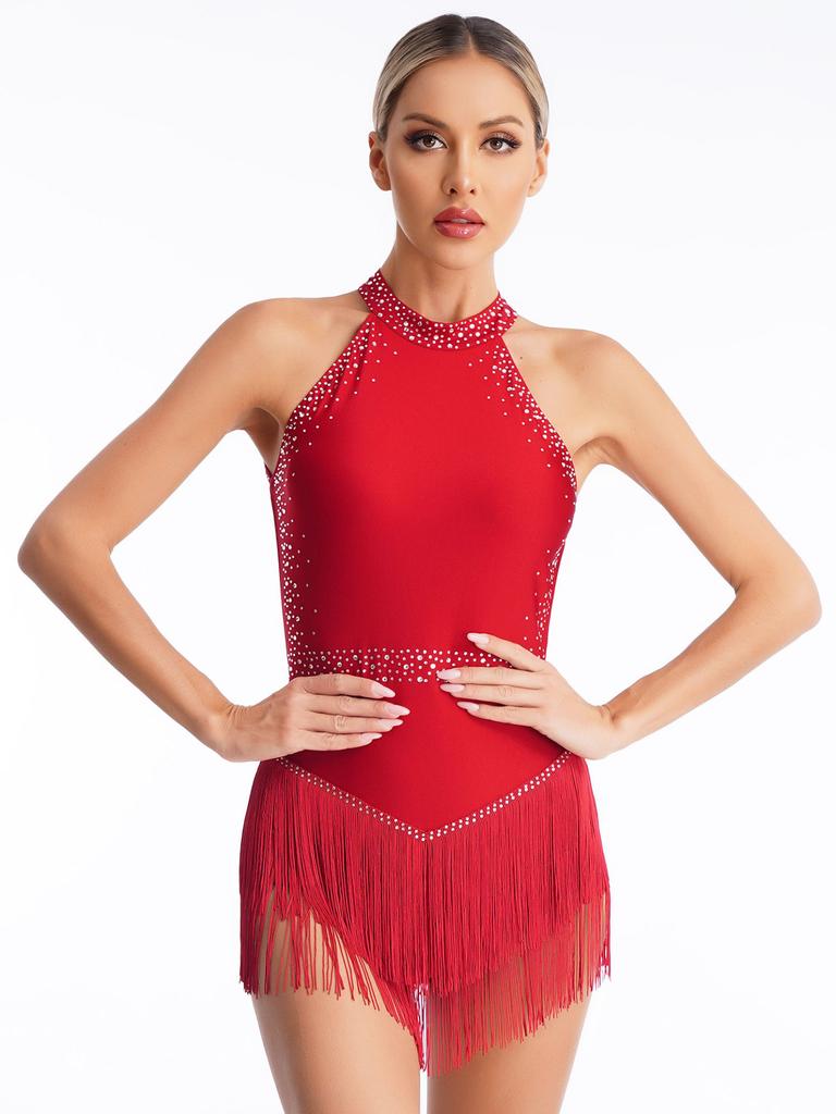 Женский танцевальный костюм для латинского танго, сальсы, танцевальный купальник с кисточками, танцевальная одежда без рукавов с лямкой на шее, боди с открытой спиной и бахромой