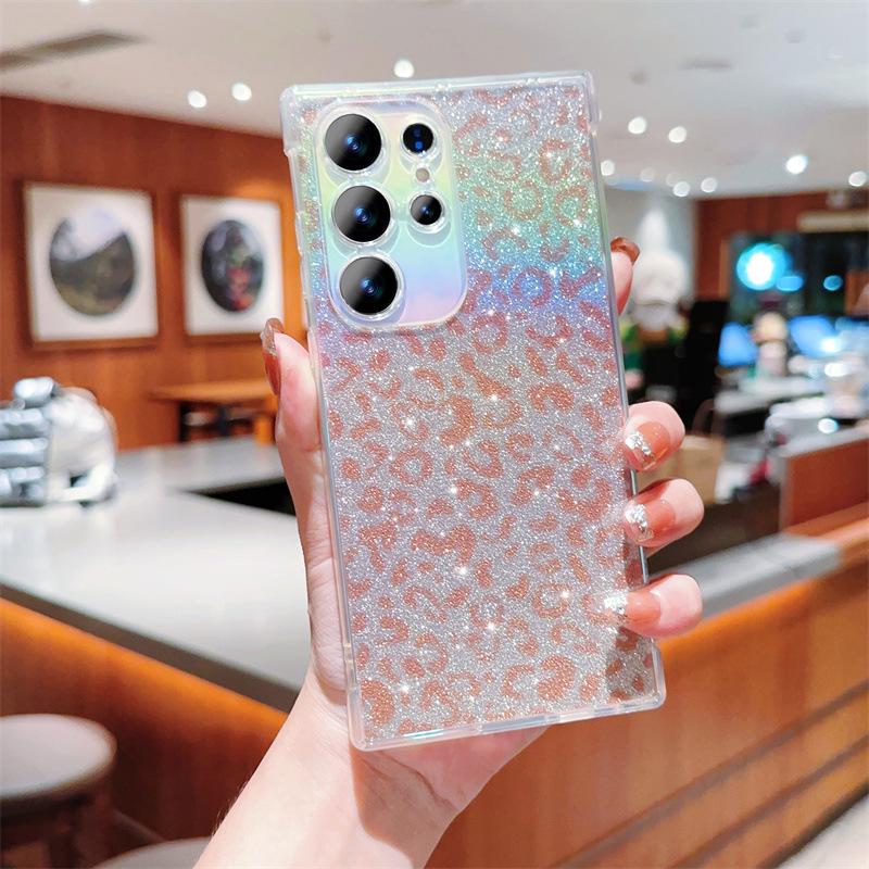 Переливающийся синий леопардовый блестящий чехол для телефона Samsung S22/S23/A15/A55 с полным покрытием