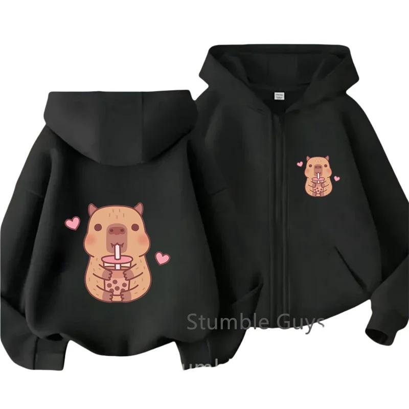 Kids Yellow Zip Hoodie Cute Capybara With Bubble Tea Heart Print Long Sleeve Outdoor Outerwear