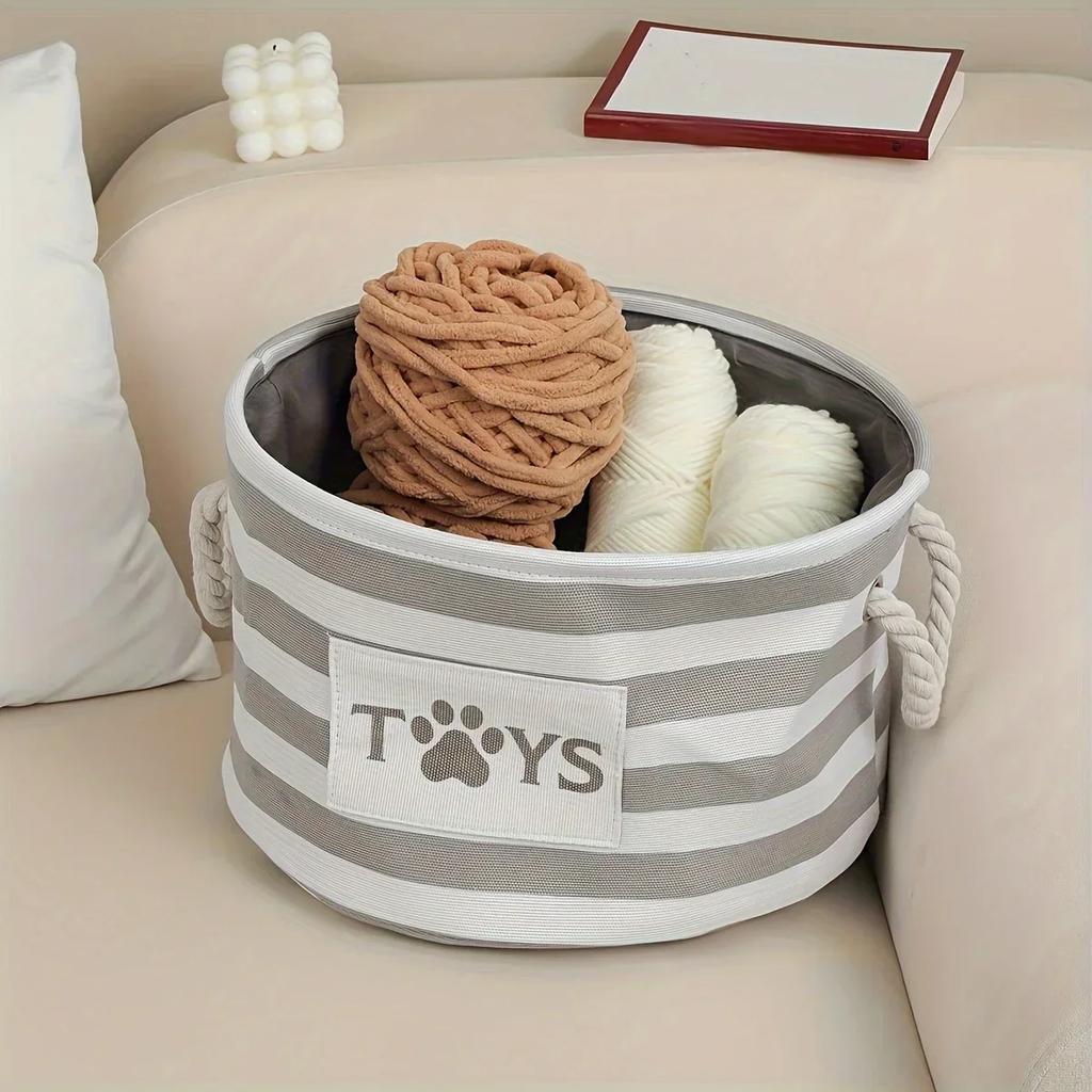 1pc-Foldable Striped Pet Toy Basket Dog Toy Storage Box with Woven Rope Handle Pet Storage Basket for Dog Toys and Accessories