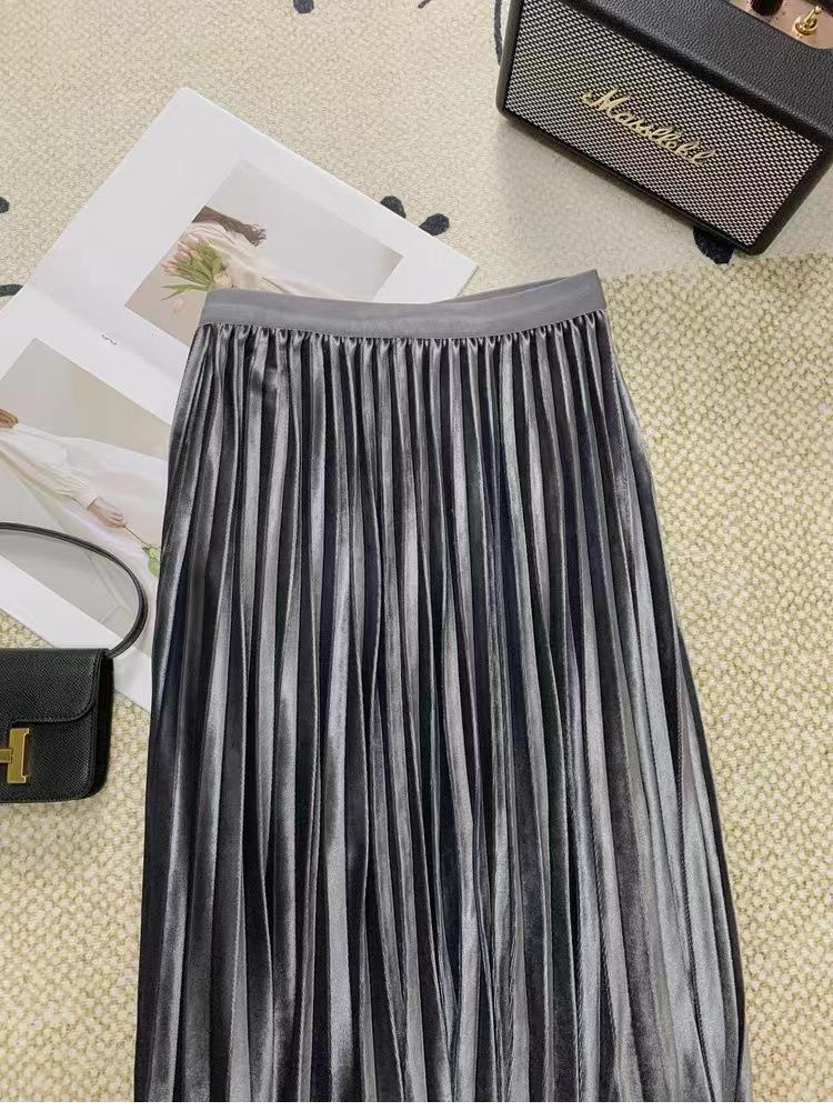 Women's High-Waisted Gold Velvet Pleated A-Line Long Skirt