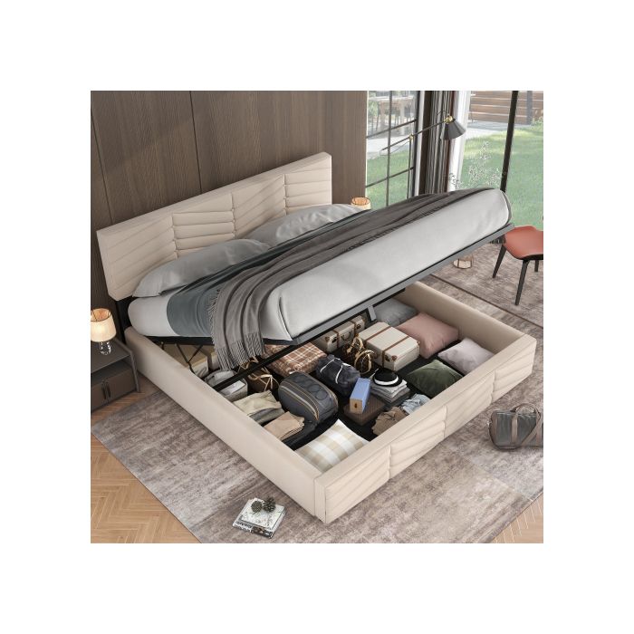 Lit capitonné - MUVOE - 180 x 200 - Tête de lit réglable - Beige - Design contemporain