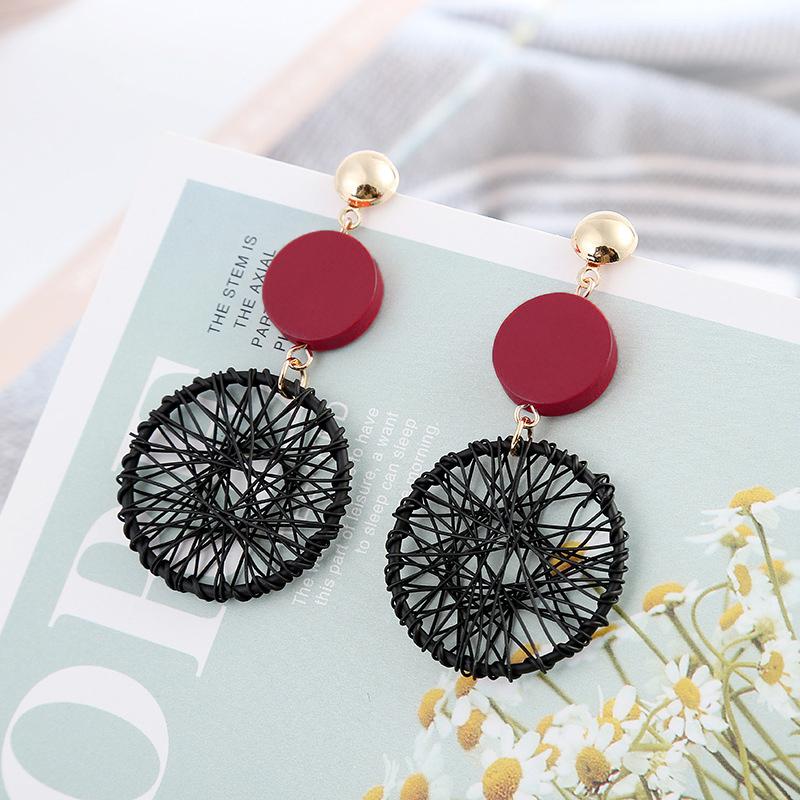Hollow Woven Net Dangle Earrings for Women Fashion Funny Wooden Round Pendants Drop Earrings Cool Stuff long hanging earrings
