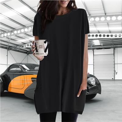 Простая футболка с короткими рукавами, женская повседневная базовая рубашка в горошек, летний топ средней длины с круглым вырезом и карманом