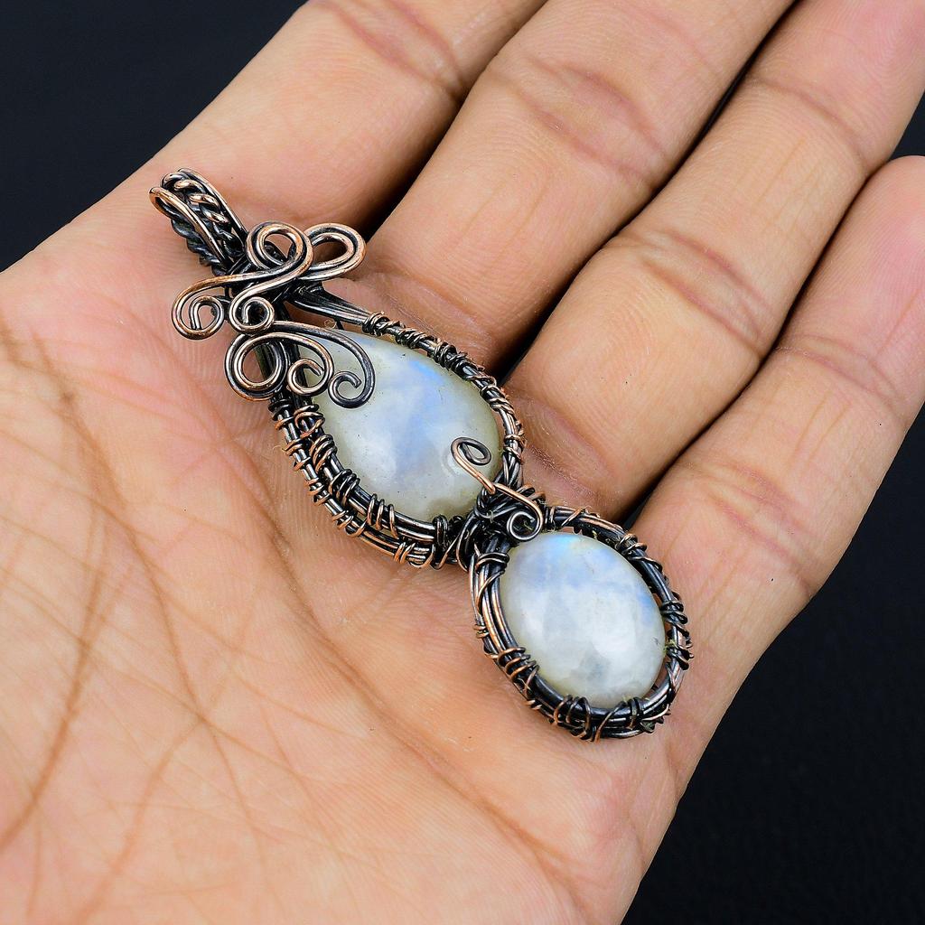 Moonstone 999 Copper Wire Wrapped Pendant, Handmade Gemstone Pendant, Gift For Mom Antique Jewelry