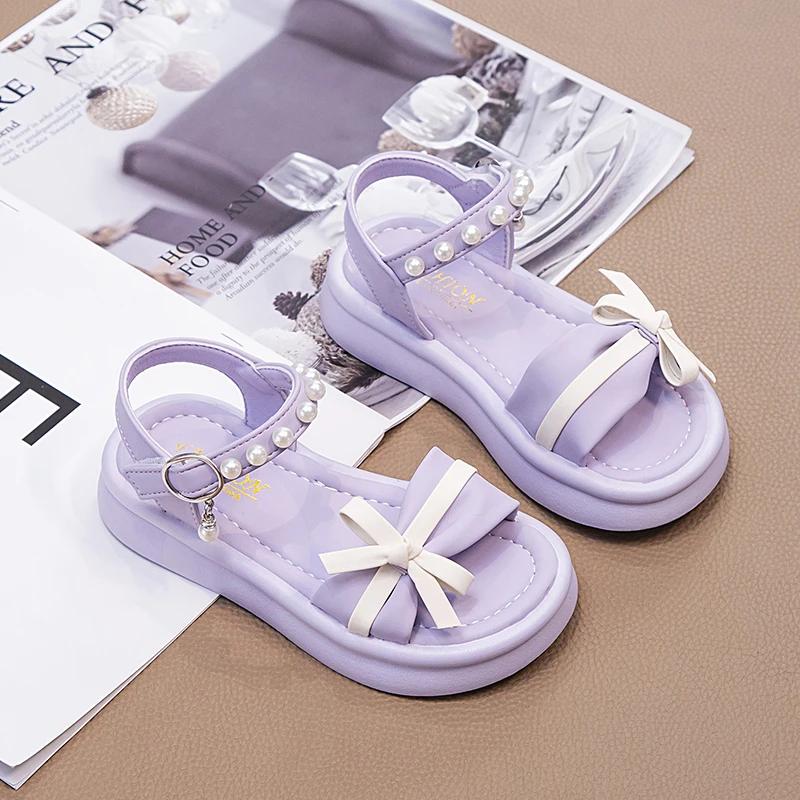 Девочки Сандалии с бисером Принцесса Милая Мода 2024 Лето Совершенно новые Мягкие Детские Пляжные туфли Детские Плоские сандалии Бант Подвеска