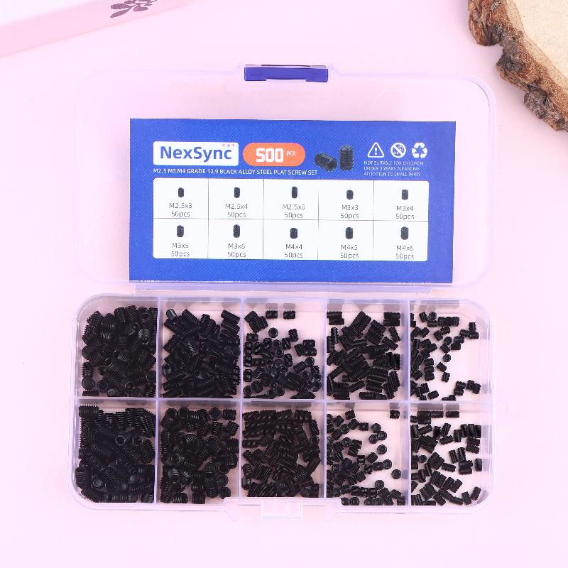 500 шт. M2.5 M3 M4 DIN913 Нержавеющая сталь 304 Черный Шестигранный Гексагон Socket Allen Плоский Конец Установочный Винт Набор Винтов Коробка