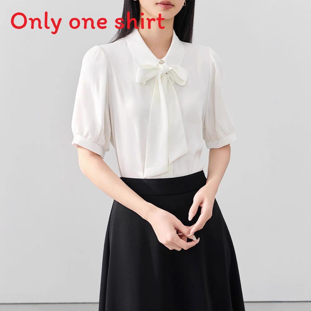 French Style White Butterfly Tie Blouse With Detachable Sash For Elegant Workwear
