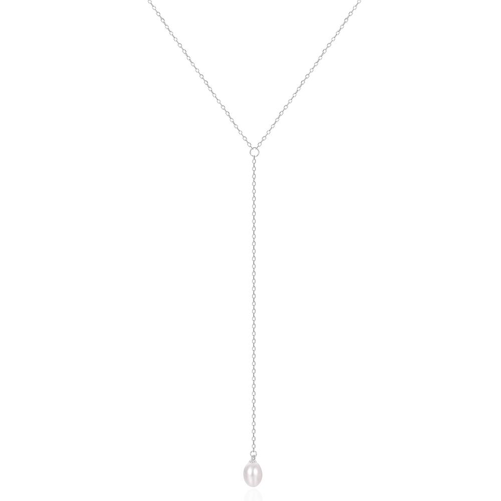 CANNER Simple S925 Sterling Silver Y-Shaped Pearl Long Chain Pendant Ladies Necklace 18k Gold-Plated Clavicle Chain