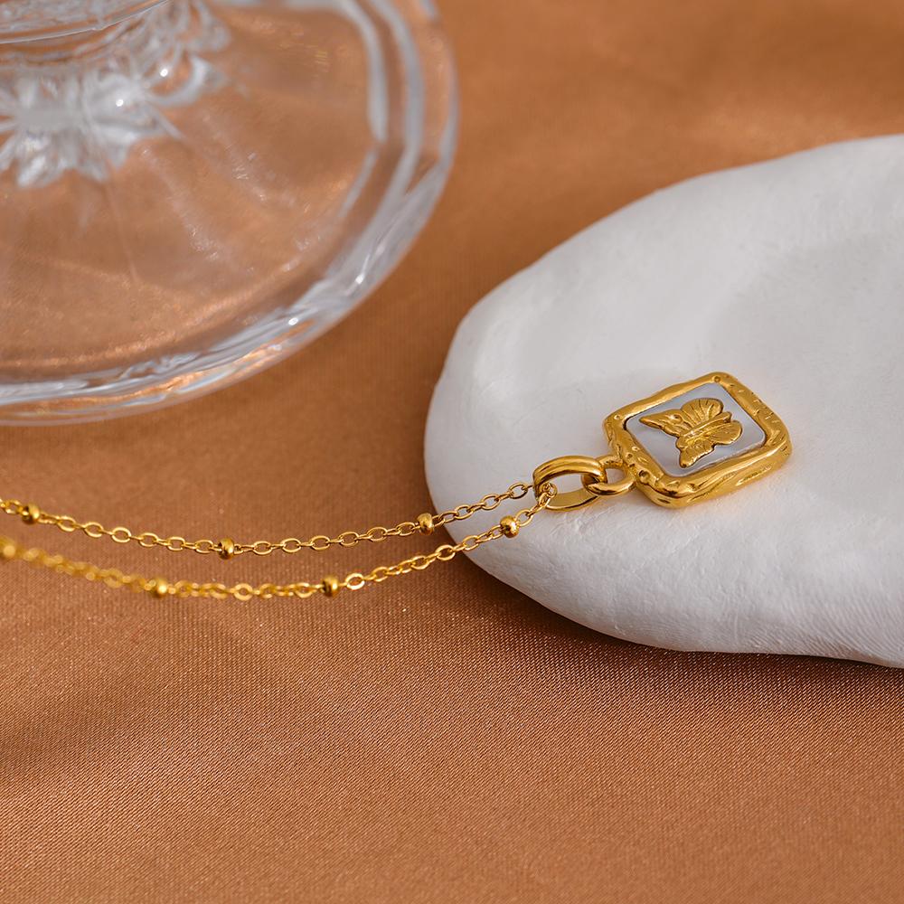 Yhpup Butterfly Shell Pendant Collar Stainless Steel Golden Square Trendy Fashion Necklace for Women Stylish Jewelry Gift