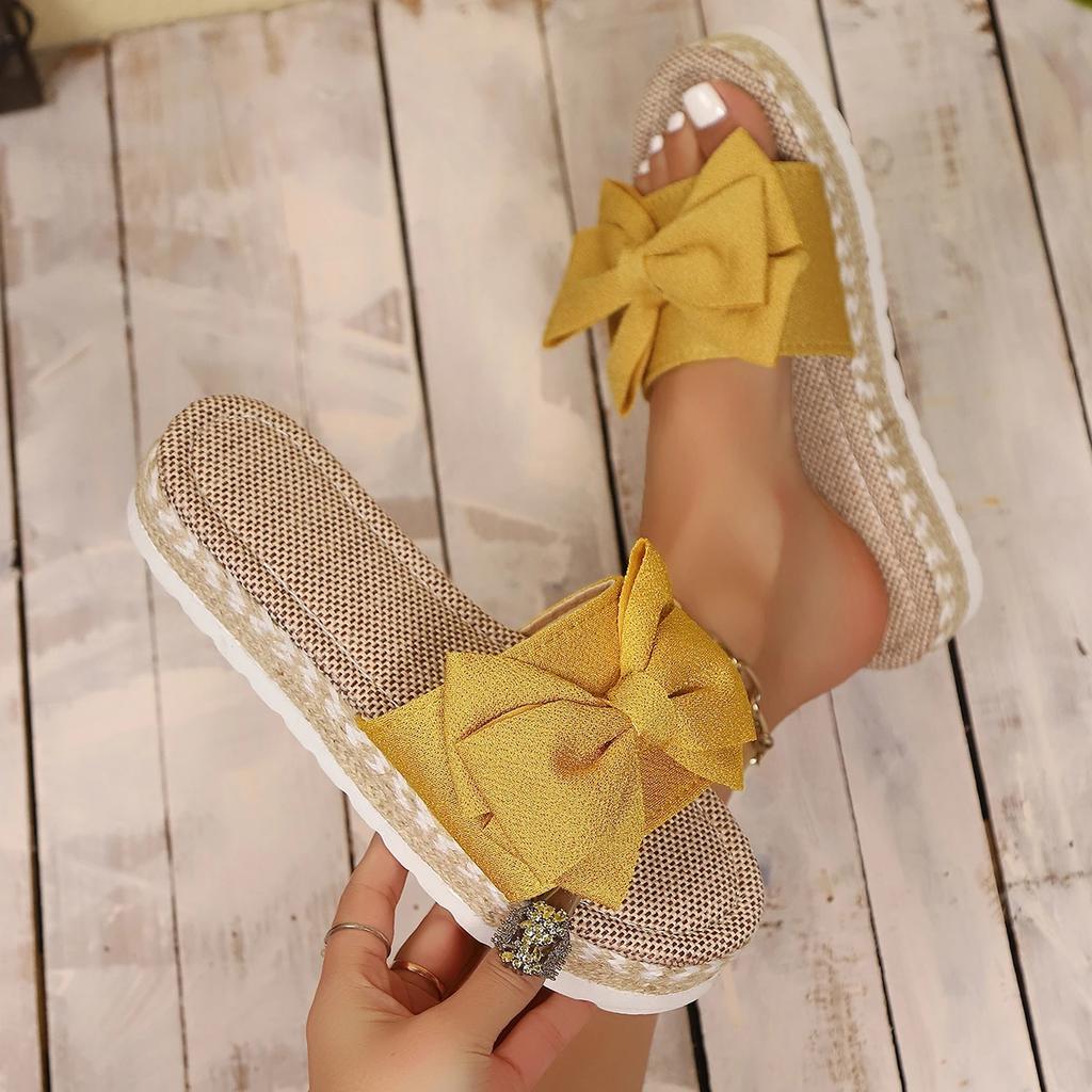 Women Slippers 2025 New Casual Home Slippers Cute Linen Slides Women Summer Bow-knot Soft Floor Sandals Indoor Flat Shoes