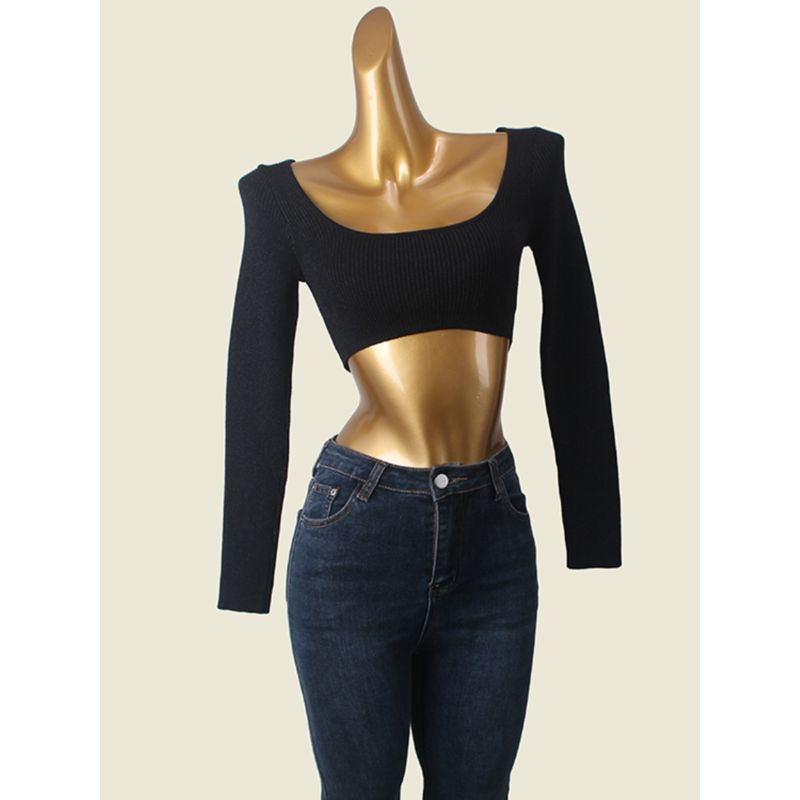 American Sexy Crop Top Sexy Base Shirt Low Round Neck Silm Early Autumn Inner Wear Pullover Short Knitwear
