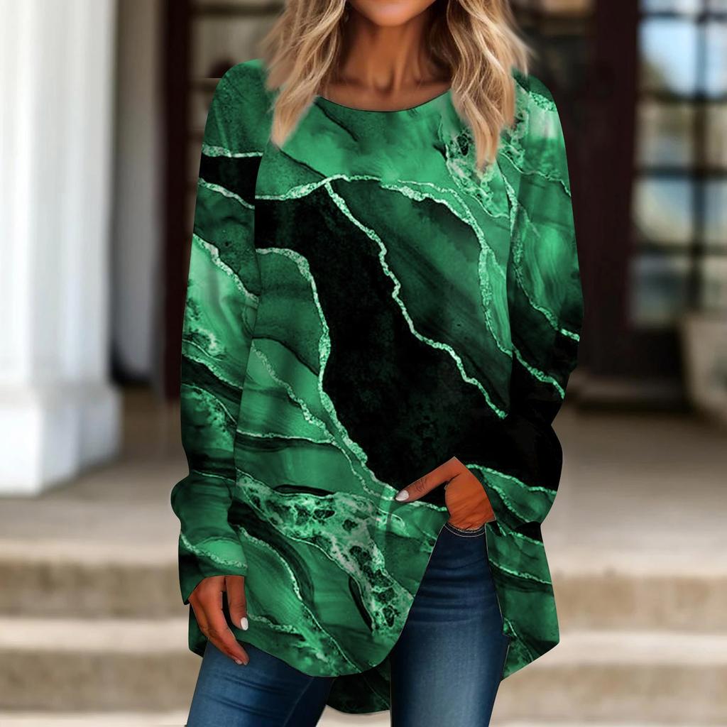 Женская повседневная футболка больших размеров с длинным рукавом и круглым вырезом в стиле ретро, ​​пуловер