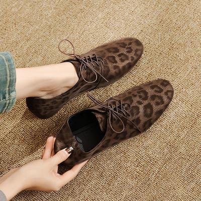 Мода 2025 Винтажный Леопардовый Принт Женские Туфли Весна Круглый Носок Толстый Каблук Зрелая Обувь Женщина Натуральная Кожа На Шнуровке Базовые Офисные Леди