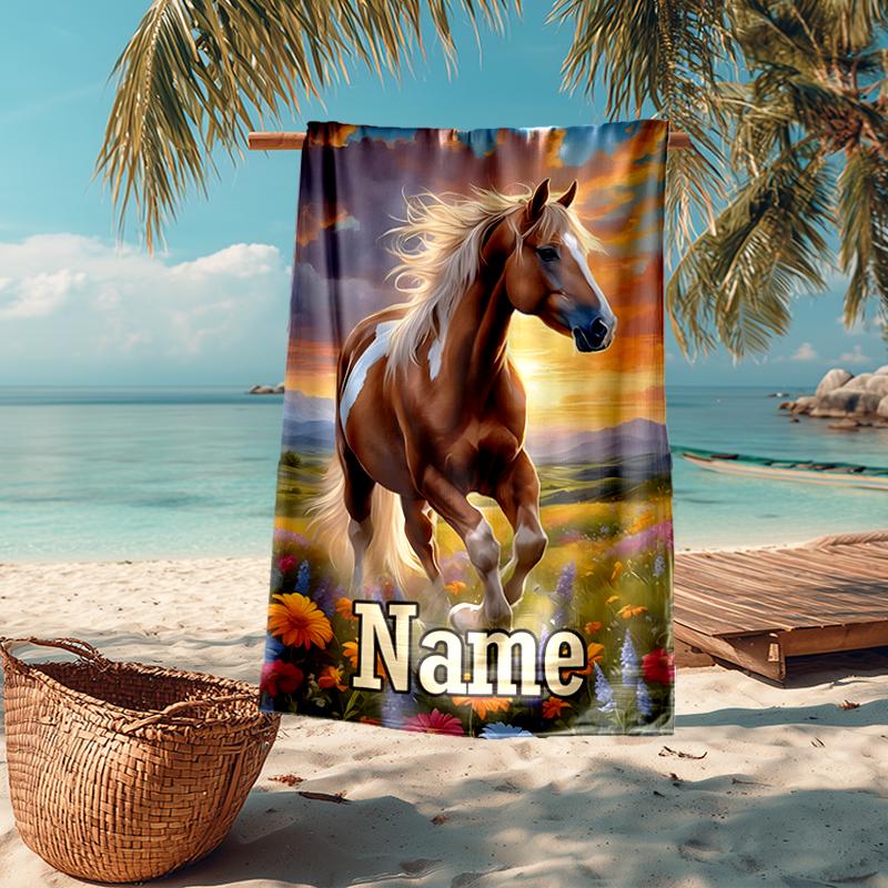 Custom Name Ultra-Soft Beach Towel with Horse Theme,Ideal for Pool - Camping, Diving - Perfect Travel Essential, Vibrant Beach Towel.