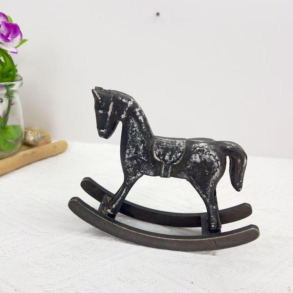 Wooden Rocking Horse Figurine Animal Sculpture Art Crafts Wood Decorative Statue Desktop Ornament