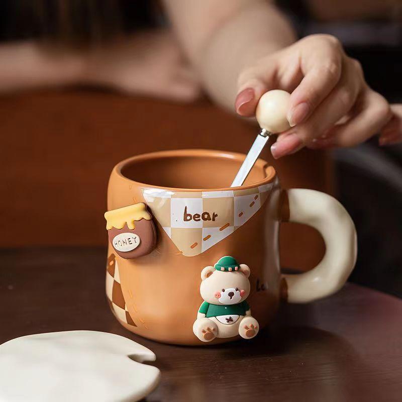 Кружка Honey Bear из утолщенной керамики с крышкой и ложкой, кофейная чашка, 3D магнитная съемная адсорбционная вешалка, посуда для питья