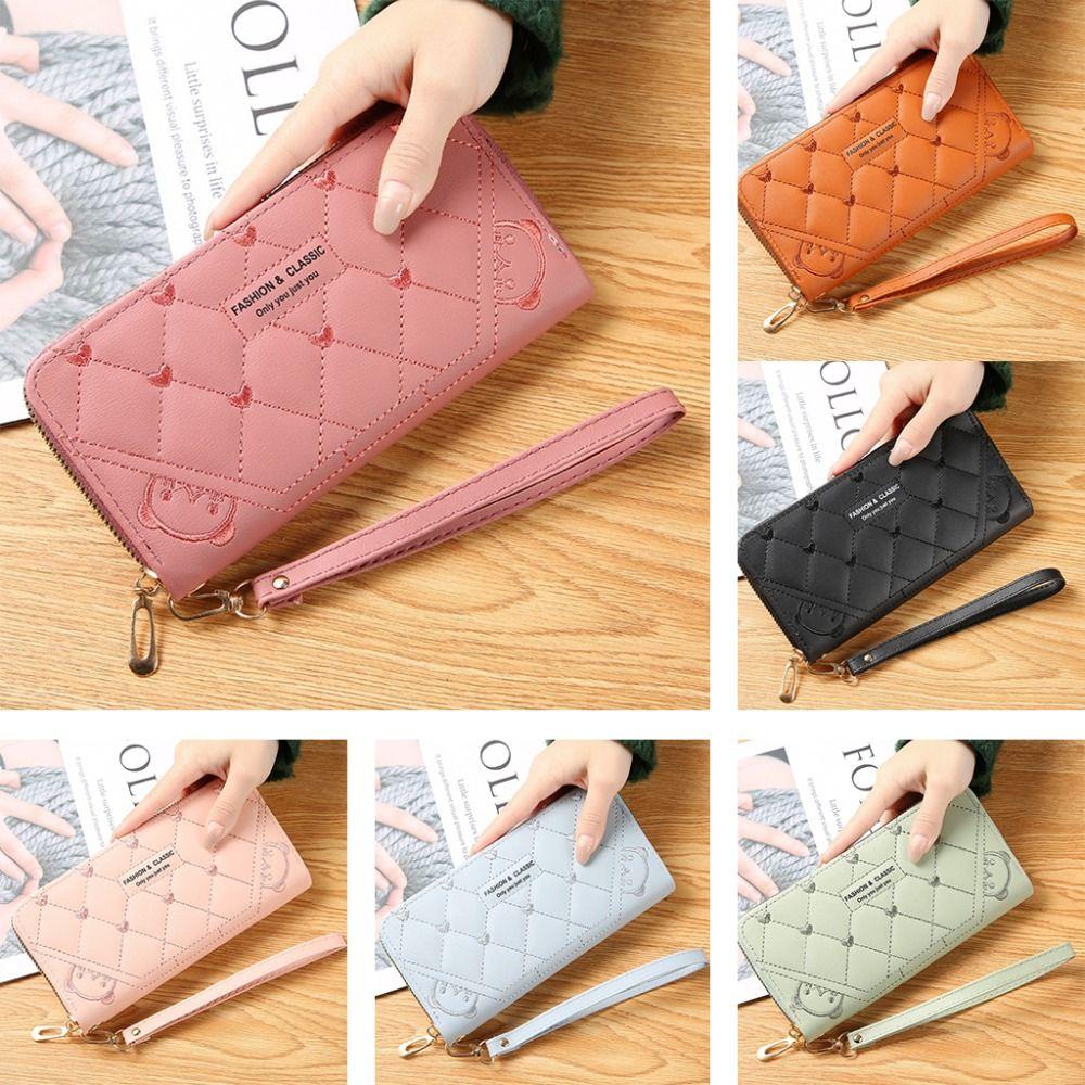 Fashion PU Leather Long Wallet Zipper Large Capacity Coin Purse Embroidery Wristlet Handbag Women