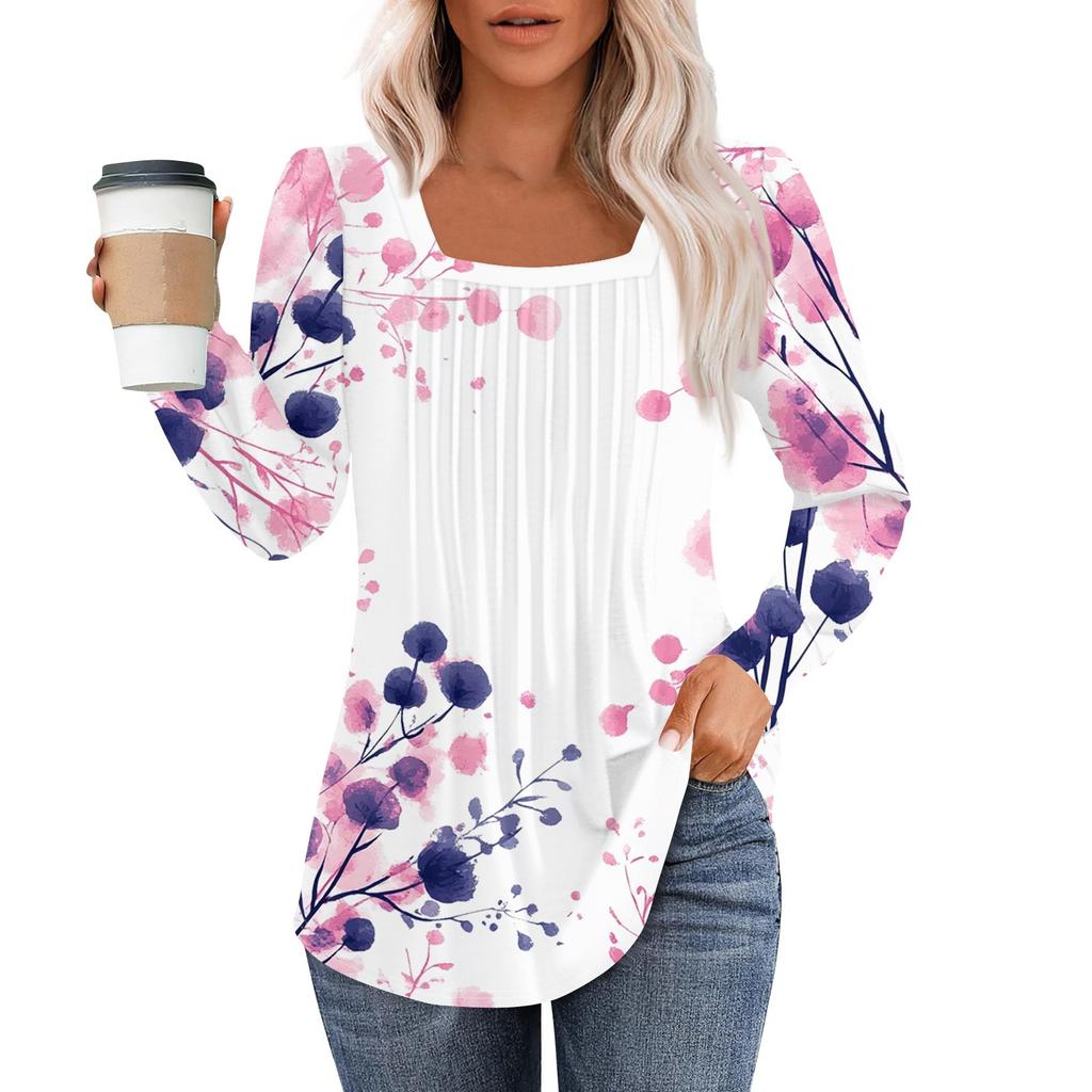 Long Sleeve Shirts For Women Tops Dressy Casual Blouses Pleated Square Scooped Neck Tunic Tops
