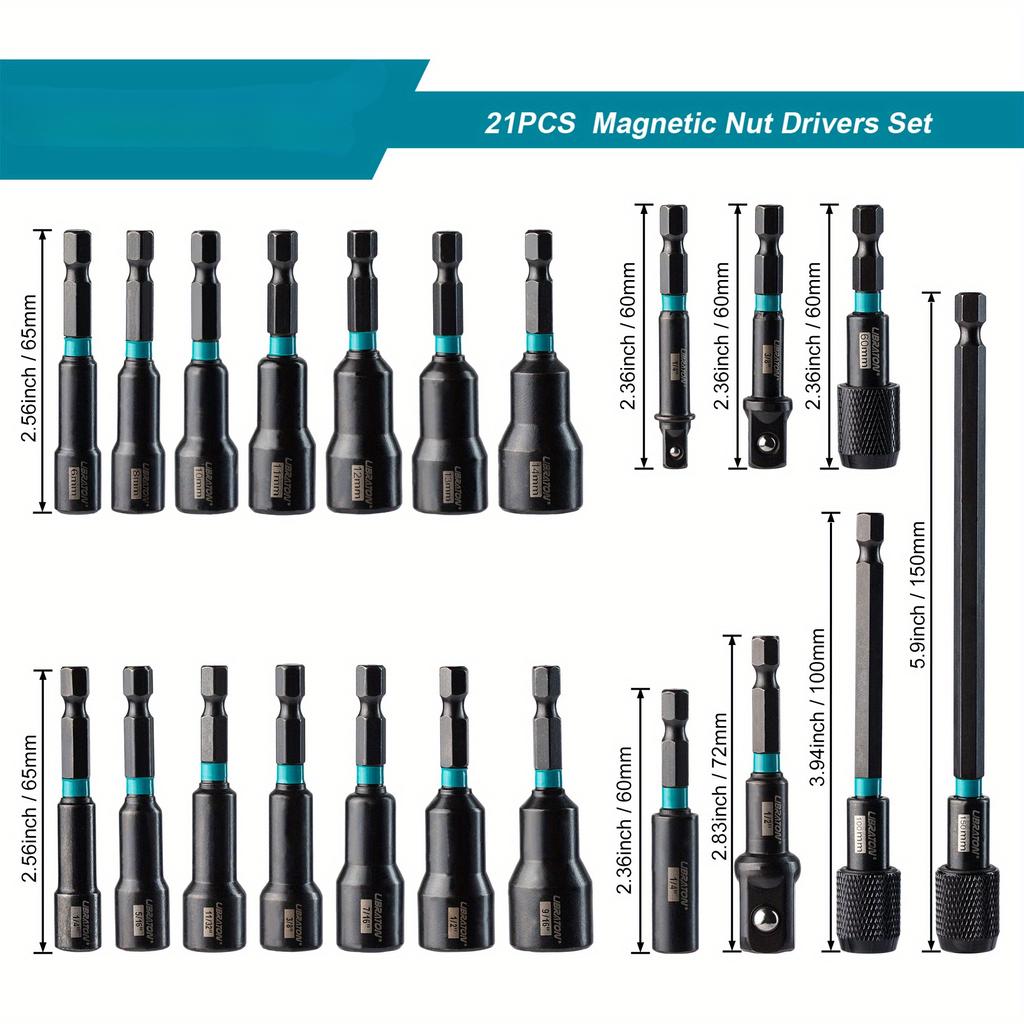 Набор из 21 магнитного торцевого ключа — универсальный набор ударных дрелей-шуруповертов с метрическими и SAE торцевыми гайковертами, адаптерами ударных головок и держателем бит