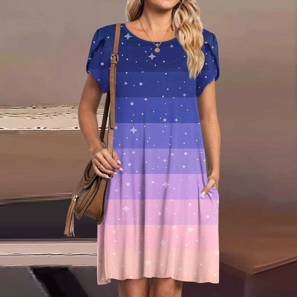 Женские летние платья с короткими рукавами, повседневное свободное платье с круглым вырезом, удобный пляжный сарафан с карманами