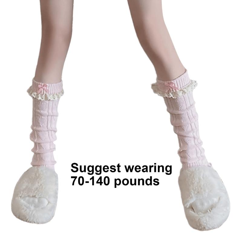 Women Fairycore Knitted Leg Warmers Calf Socks Japanese Sweet Bowknot Ruffled Lace Trim Leg Covers Boot Cuffs Stockings