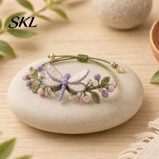 Handmade Bracelet Kit DIY Nature-Inspired Crochet Kit, 3D Animals Plants Hand-Crocheted Jewelry Gift Set Flower Maple Dragonfly Butterfly Making Set,