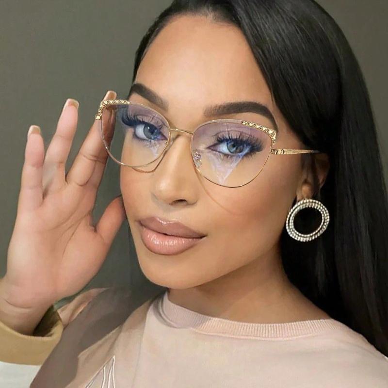 Женские ретро очки «кошачий глаз» с металлической оправой, инкрустированные стразами, модные очки для ежедневного чтения и поездок на работу, аксессуары для очков для женщин