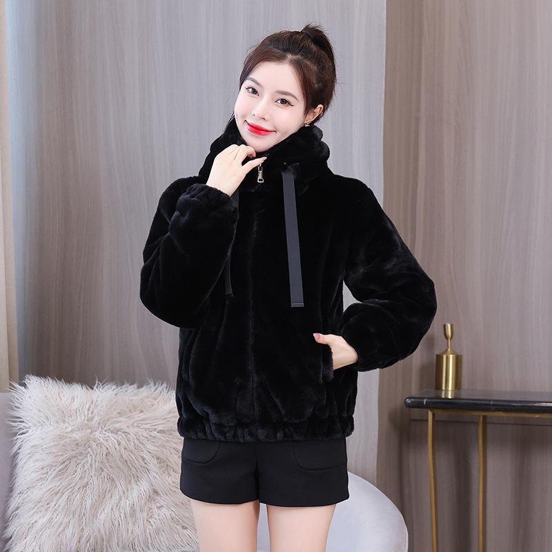 Плюшевая и толстая куртка с капюшоном из кроличьей шерсти для женщин, короткая зимняя новая свободная плюшевая куртка с длинными рукавами