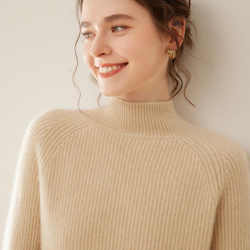 Women's Cashmere Raglan Sleeve Half-High Neck Sweater - Thickened Garter Stitch Knitwear, Versatile and Casual