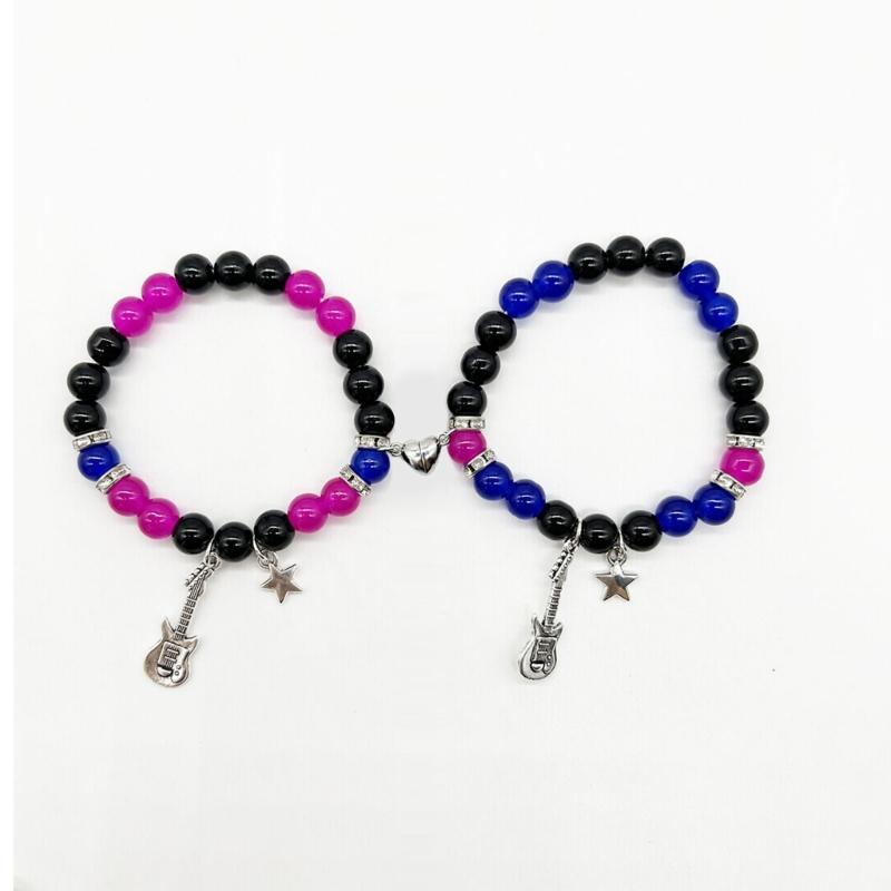 2 шт. магнитные браслеты для пар для женщин и мужчин, одинаковый браслет со звездой и гитарой в форме сердца, эластичные браслеты из бисера, подарок на День Святого Валентина