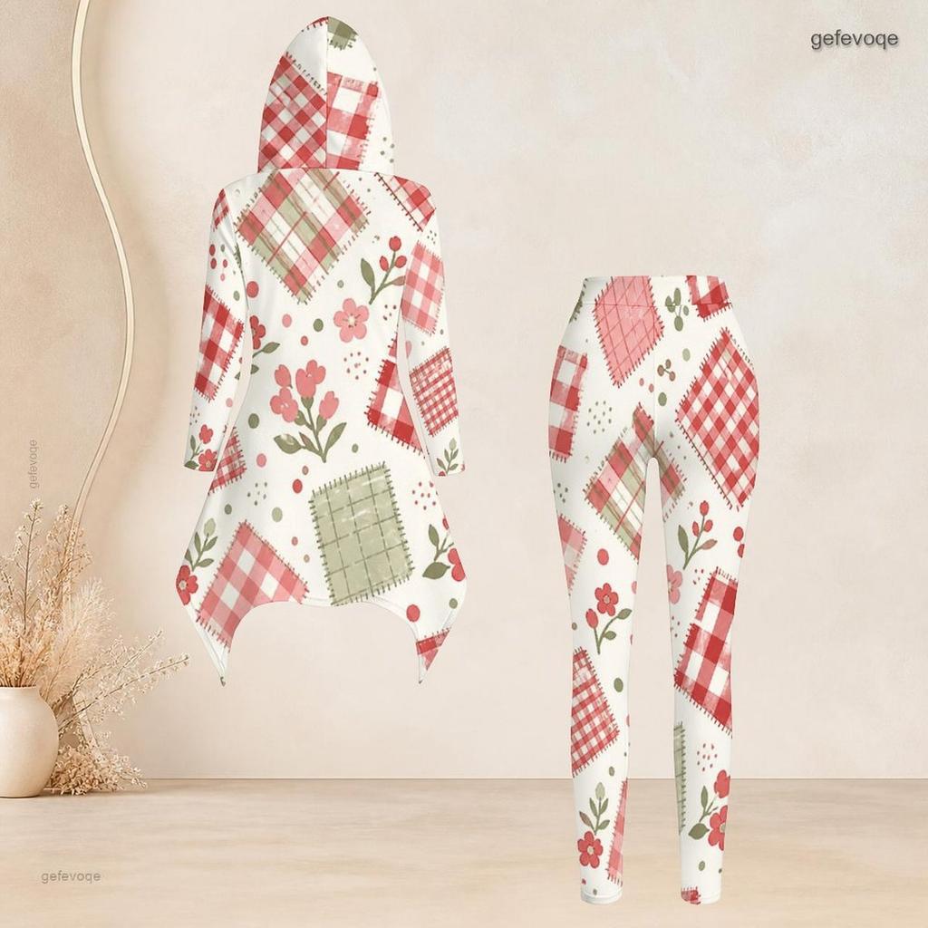 Women Plus Size Hooded Long Sleeve Floral Plaid Printed High Low Top Fitted Pants Two Piece Set