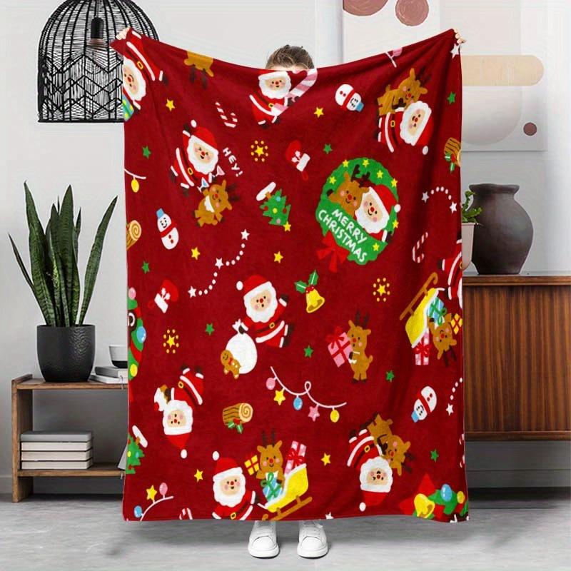 1pc Christmas Flannel Blanket Suitable for Home, Office & Travel - Lightweight Soft Plush Throw with Santa Claus, Gifts & Candy Cane Patterns, Red Bed