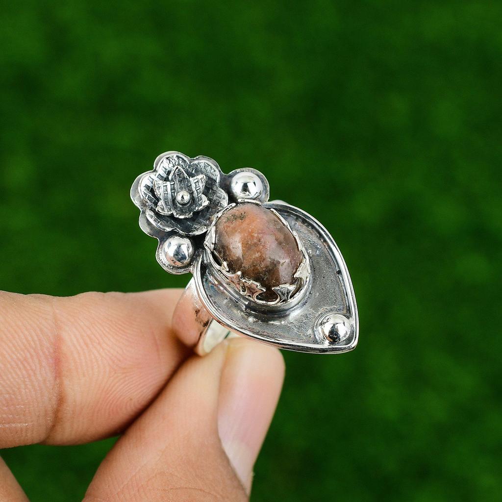 Gift For Her 925 Silver Natural Rhodonite Multi Stone Flower Adjustable Ring