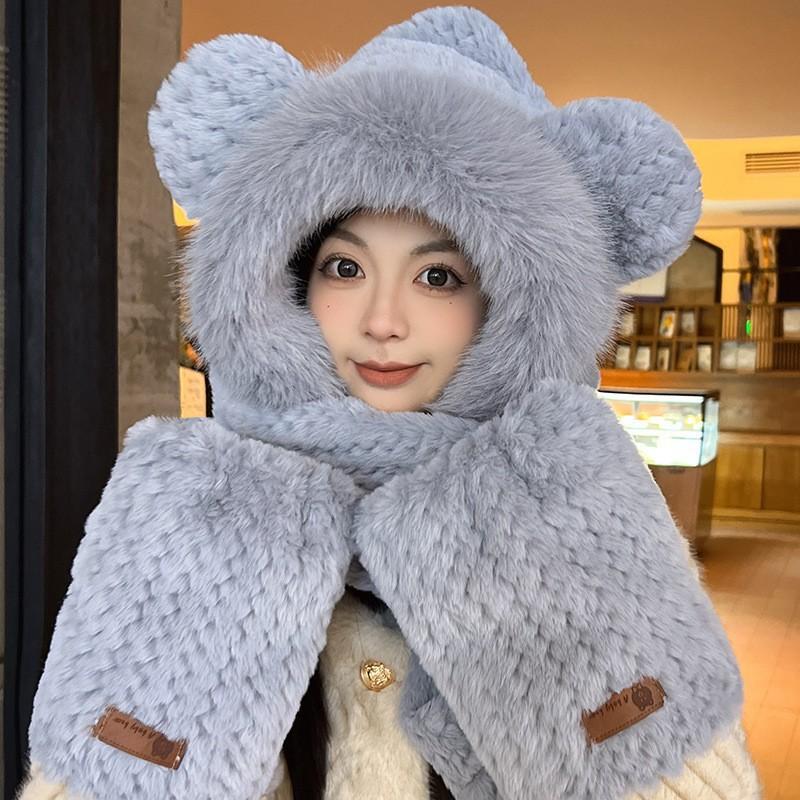 Hat Female Autumn and Winter Warm Knitted Wool Snow Hat Cycling Mother Fashion Ear Protection Headgear Scarf Integrated Hat