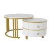 2-in-1 Round MDF Coffee Table, Side Table with Glossy Top and White Marble Slab, Living Room Table Combination with 2 Drawers, 70*70*46 + 50*50*40 cm
